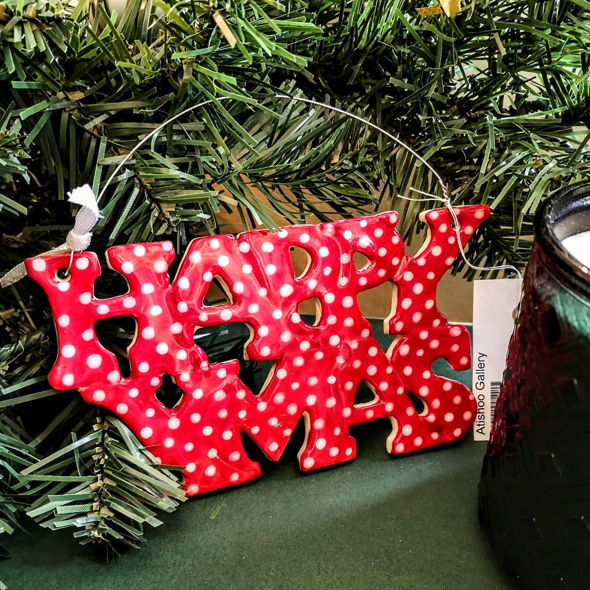 "Happy Xmas" spotty ceramic decoration