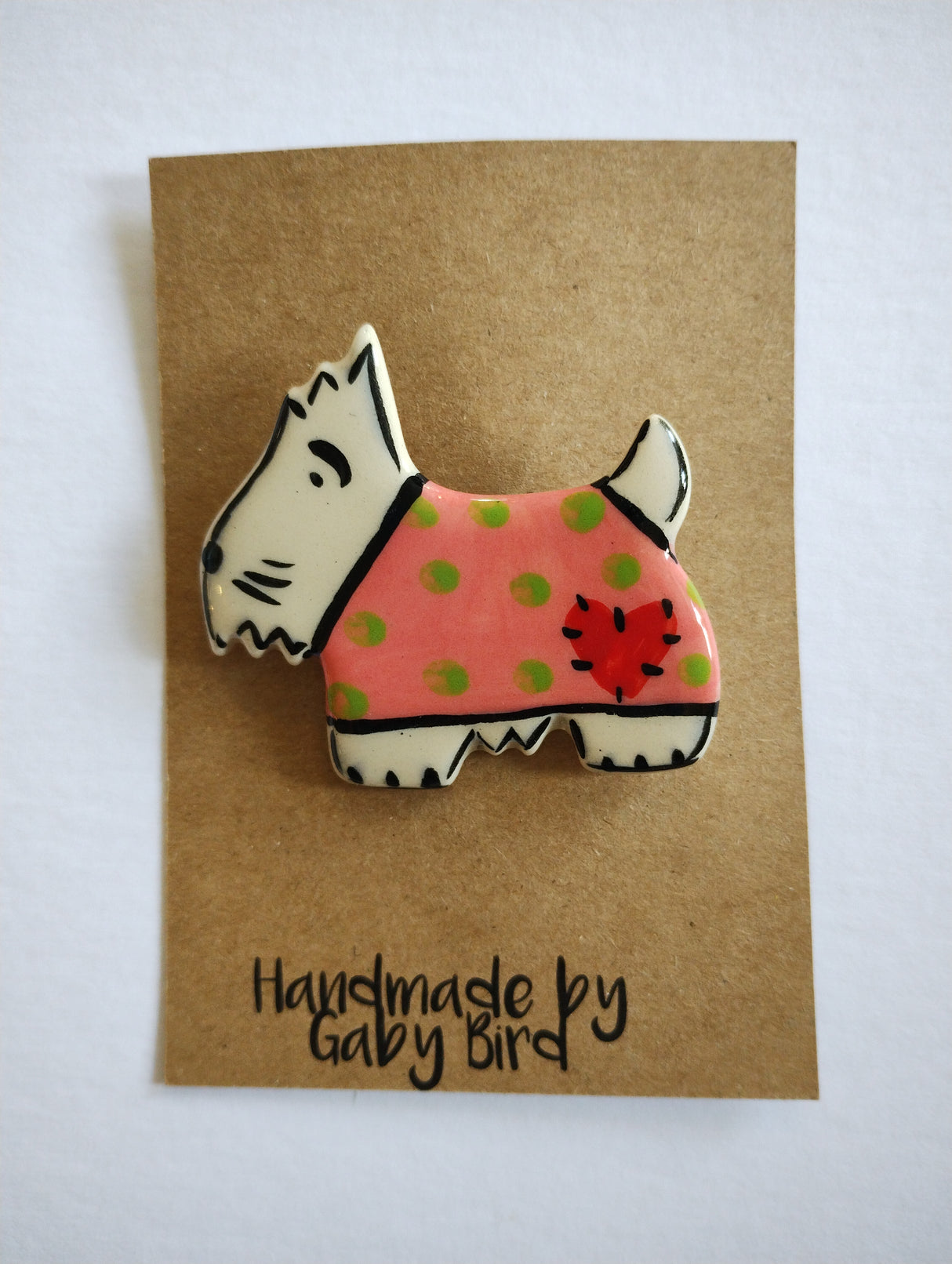 Gaby Bird Scottie Dog ceramic brooch