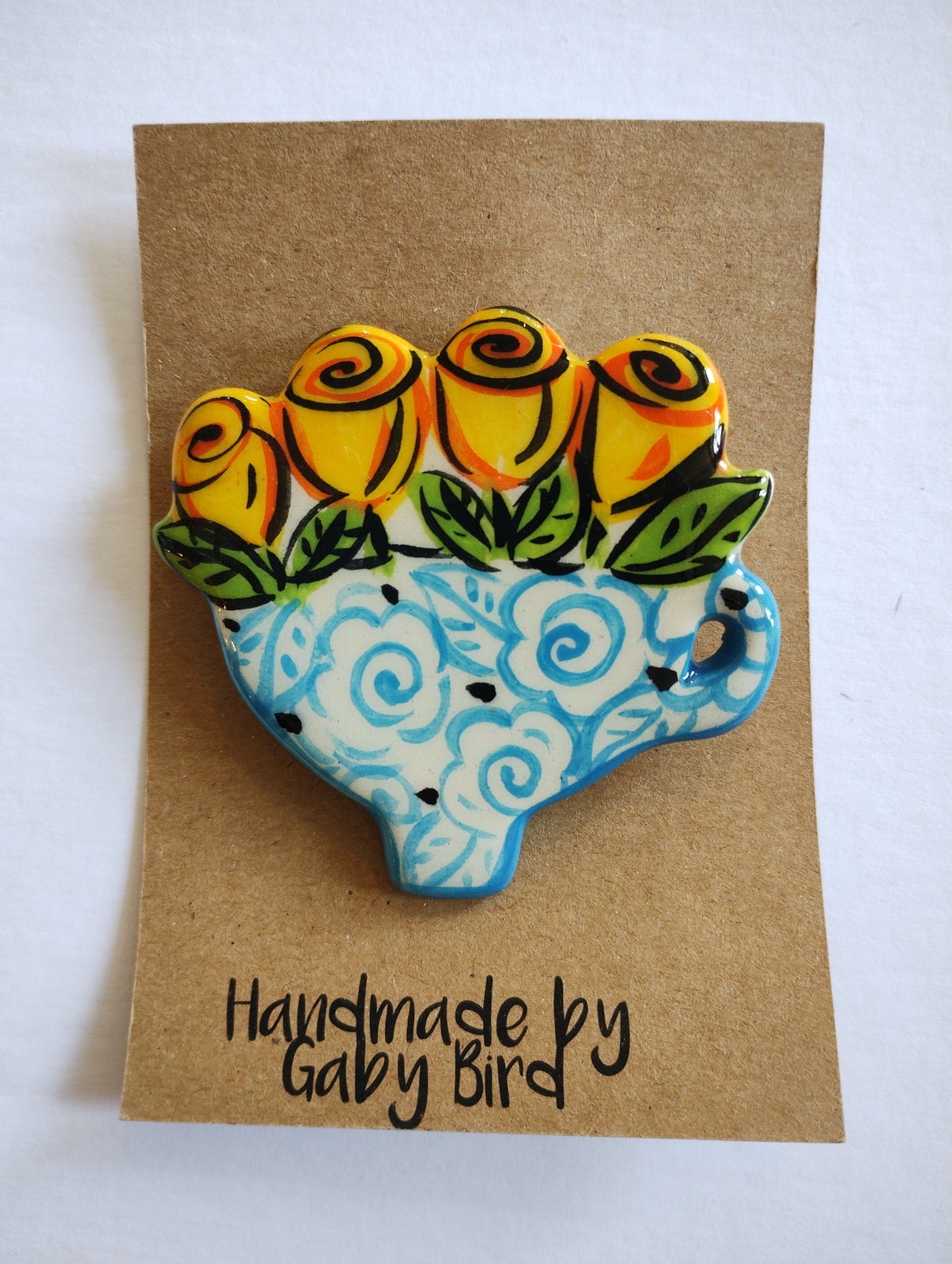 Gaby Bird Cup of Yellow Roses Brooch