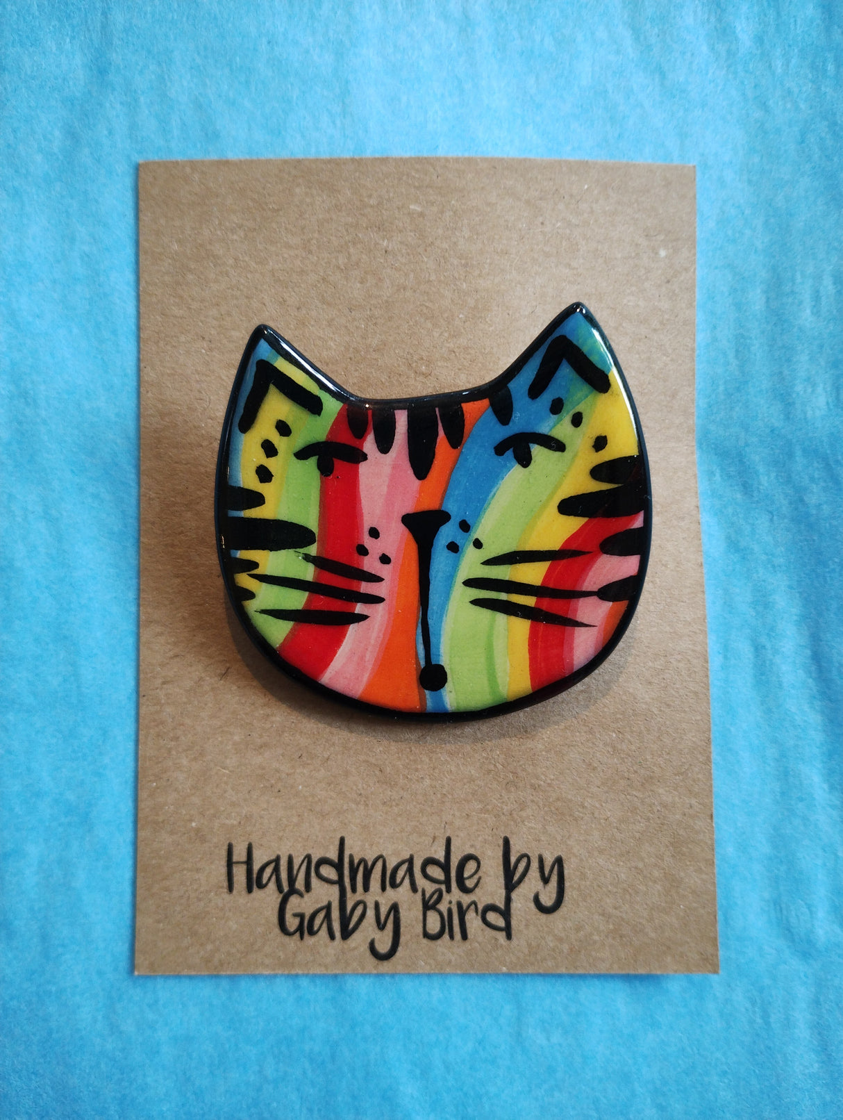 Gaby Bird Ceramic Rainbow Cat brooch
