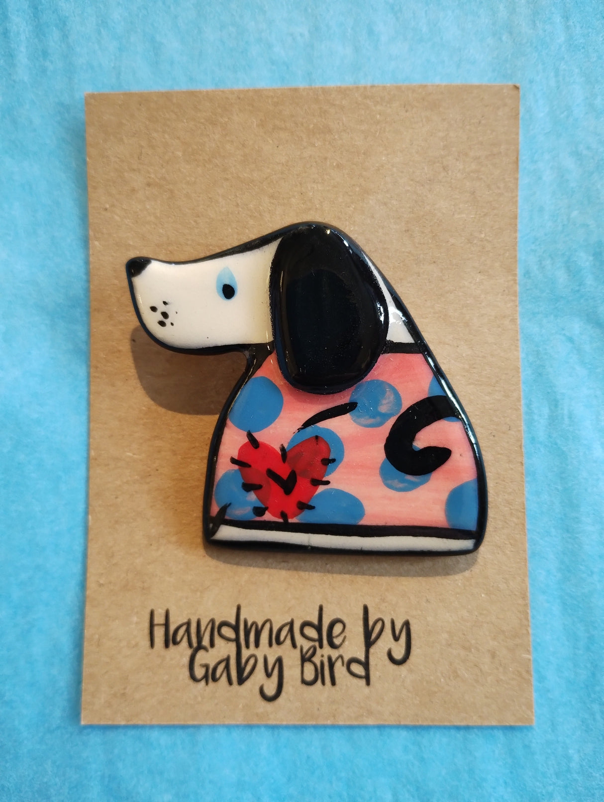 Gaby Bird ceramic Dog in a Jumper brooch