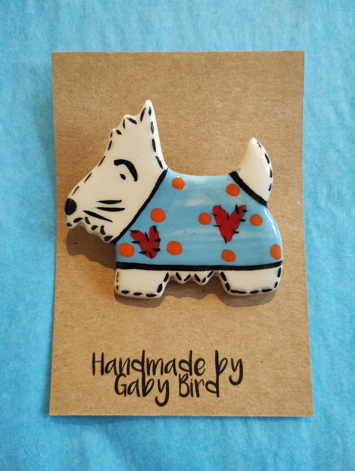 Gaby Bird Scottie Dog ceramic brooch