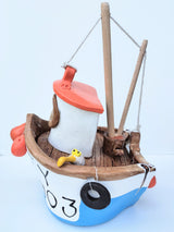 FY003 medium blue ceramic fishing boat by Louise Thorn