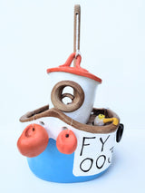 FY003 medium blue ceramic fishing boat by Louise Thorn