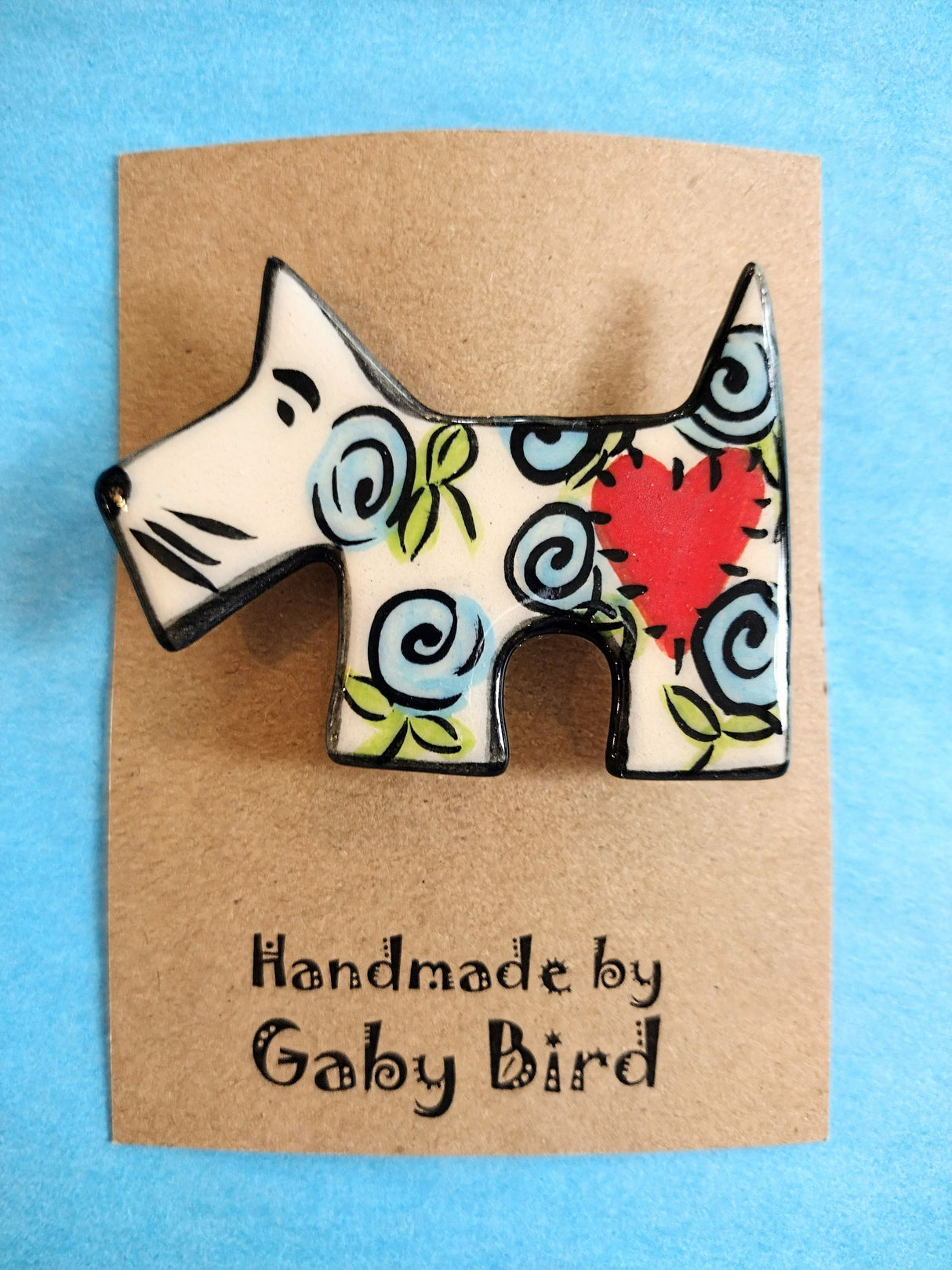 Gaby Bird White Scottie Dog ceramic brooch