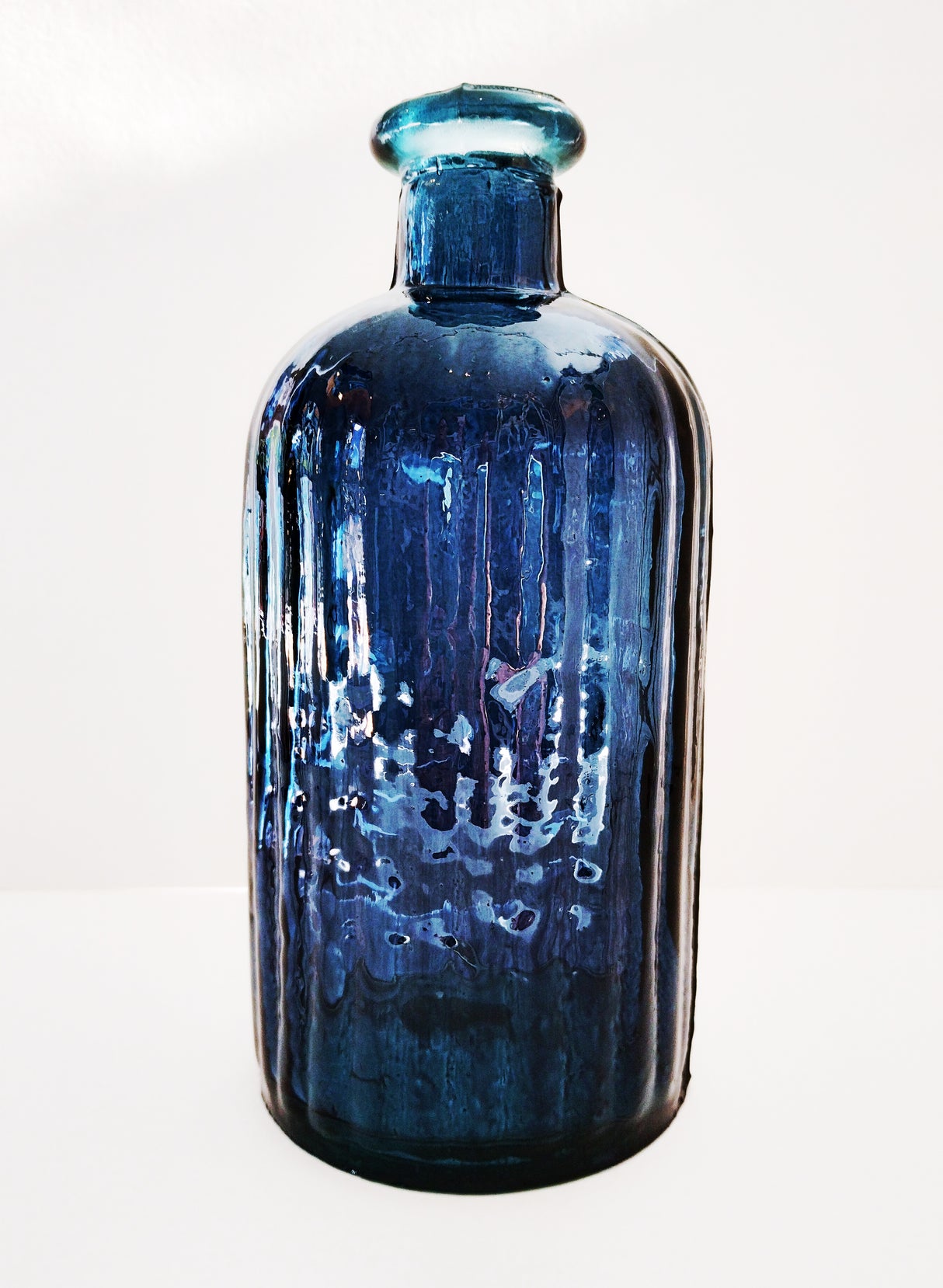 Petrol Blue Recycled Glass Ripple Bottle Vase