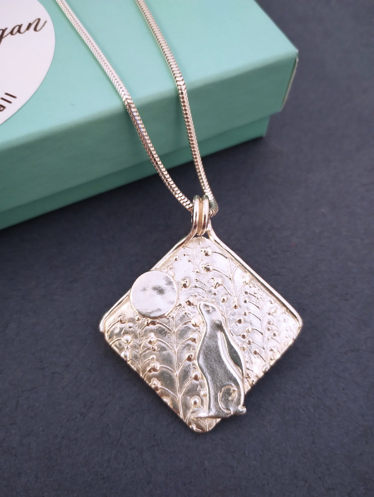Moongazing Hare silver pendant necklace.