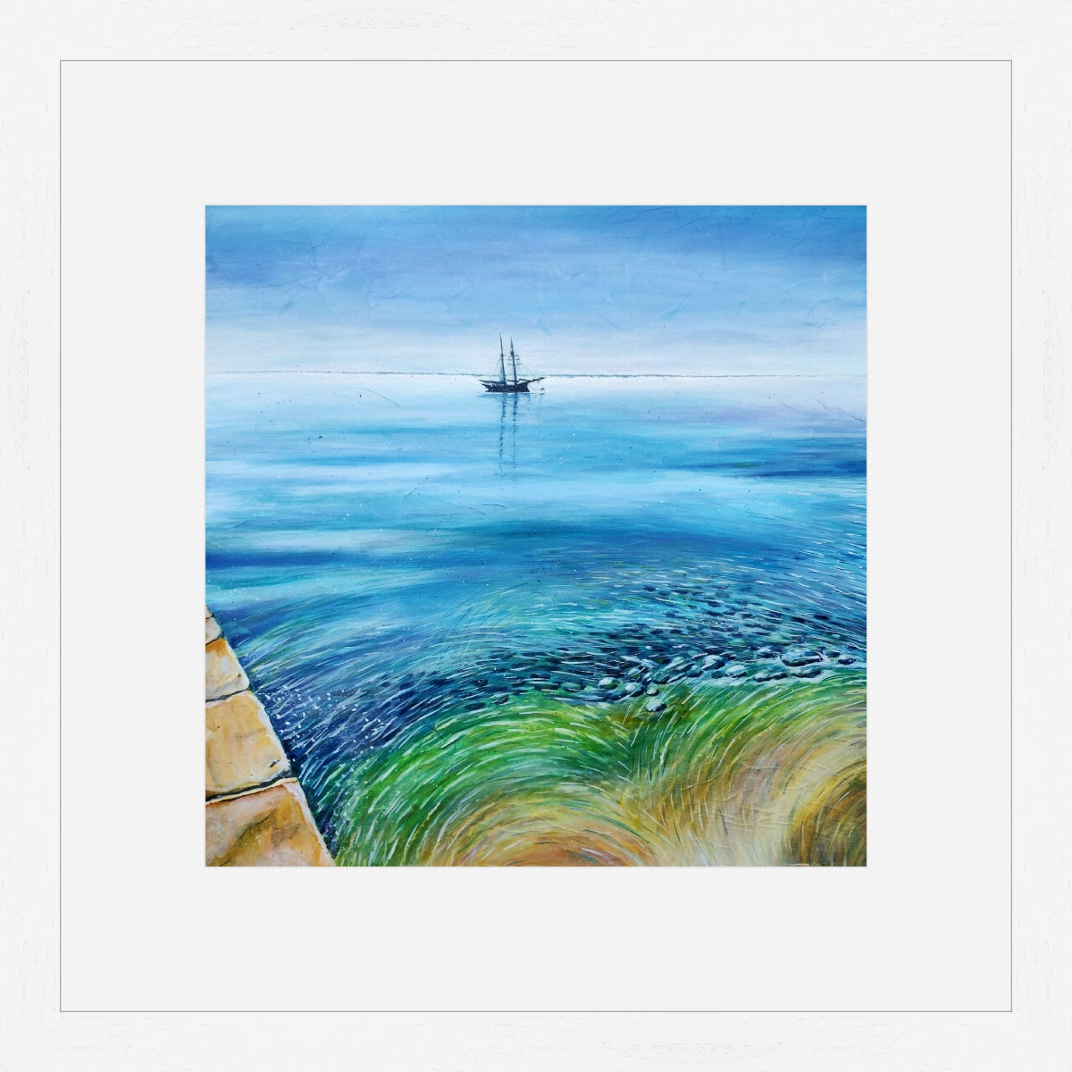 "Tall Ship in St. Austell Bay, Charlestown" prints by Liz Hackney