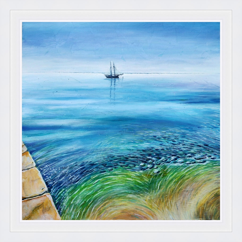 original painting of a tall ship in St. Austell Bay, Cornwall by Liz Hackney shown with a white St. Ives style frame