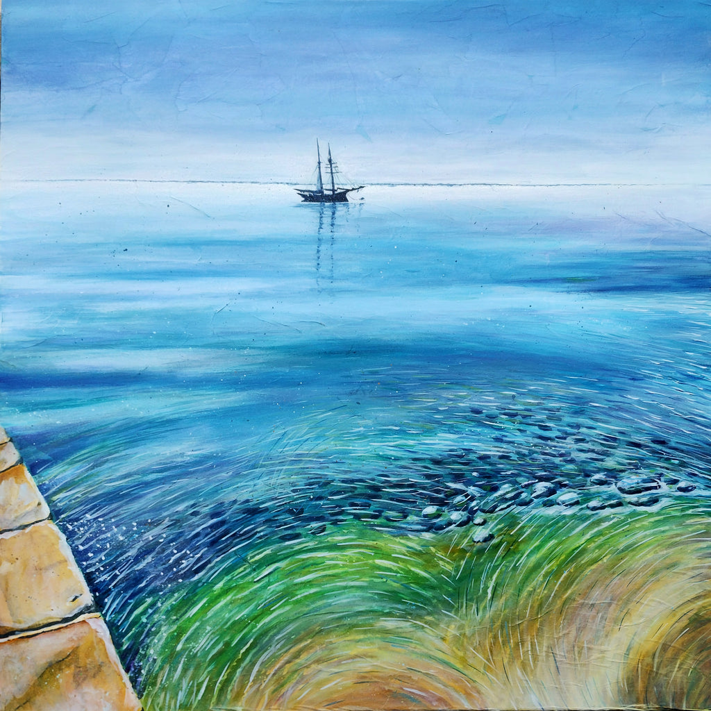 original painting of a tall ship in St. Austell Bay, Cornwall, by Liz Hackney