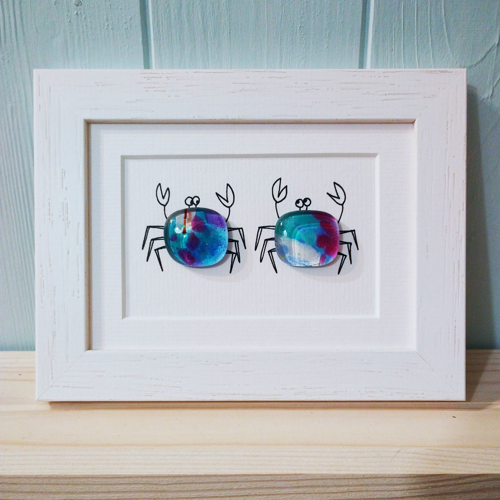 fused glass "nippers" crabs framed artwork by Niko Brown