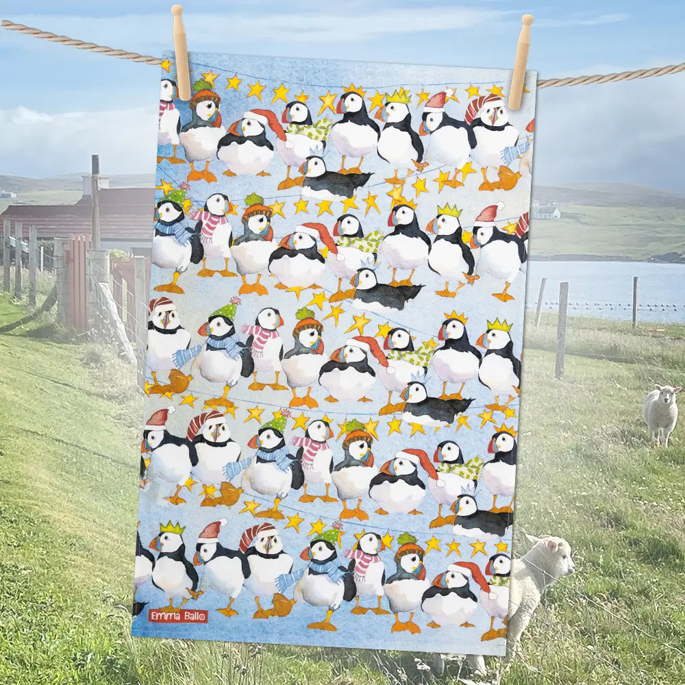 Party Puffins tea towel