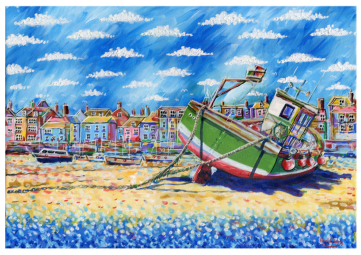 Green Boat, St. Ives, card by Paul Clark