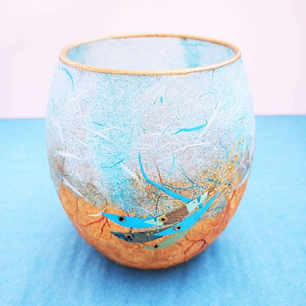 Turquoise and gold strawsilk glass shoal of fish glowpot candle holder by Margaret Johnson