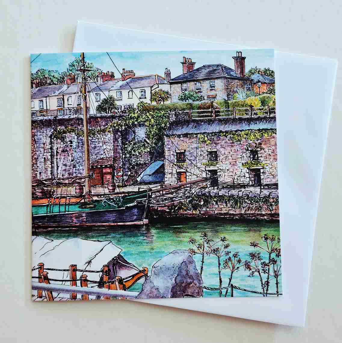 Cottages & Boats at Charlestown, card by Susan Cooper