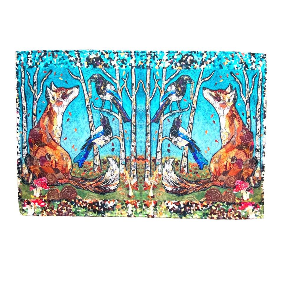 "The Gift" fox and magpies tea towel by Dawn Maciocia