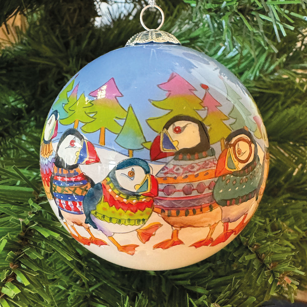 Woolly Puffins Glass Christmas Bauble
