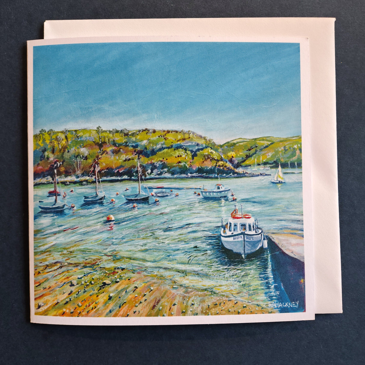 "Low Tide, Town Quay Fowey" card by Liz Hackney