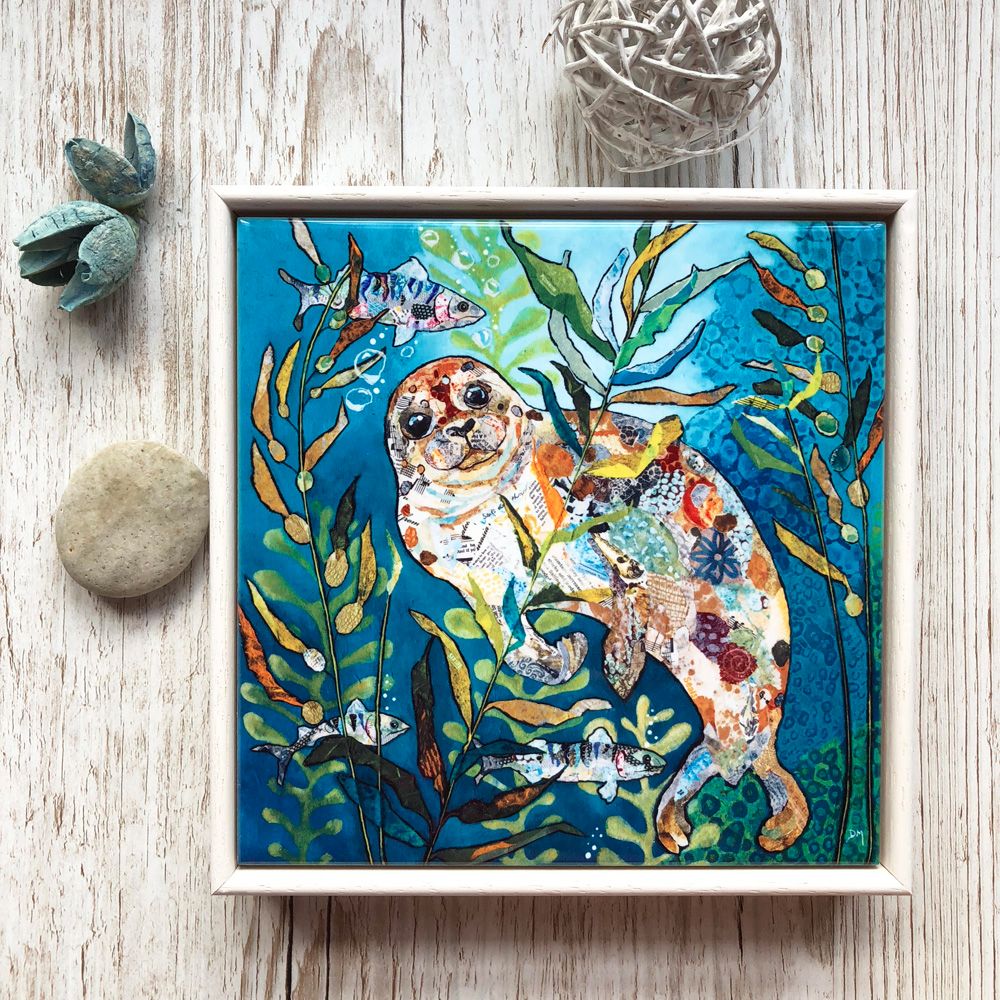 Deep Blue Seal, framed ceramic tile