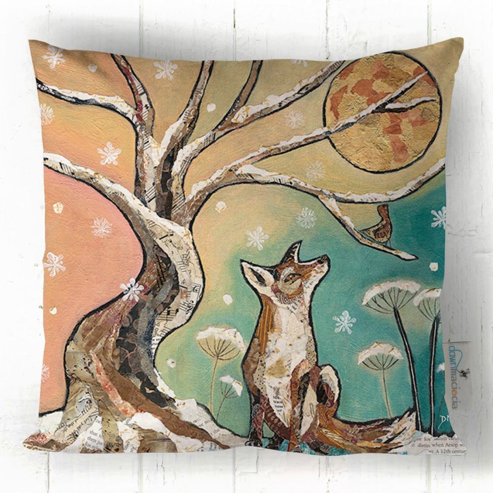 Fox and moon faux suede cushion