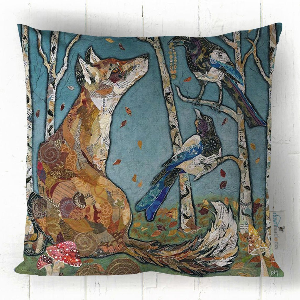 Fox and magpies faux suede cushion