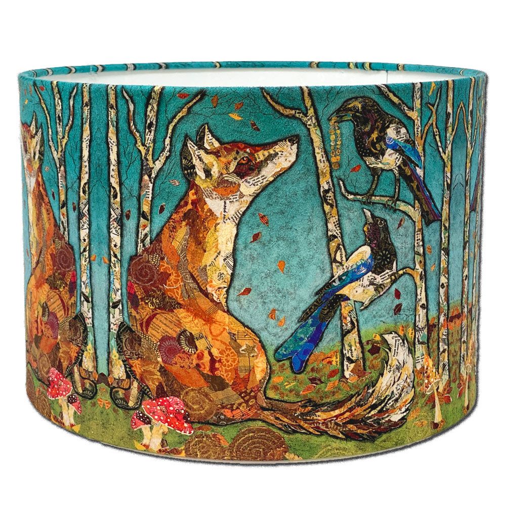foxes and magpies lampshade by Dawn Maciocia