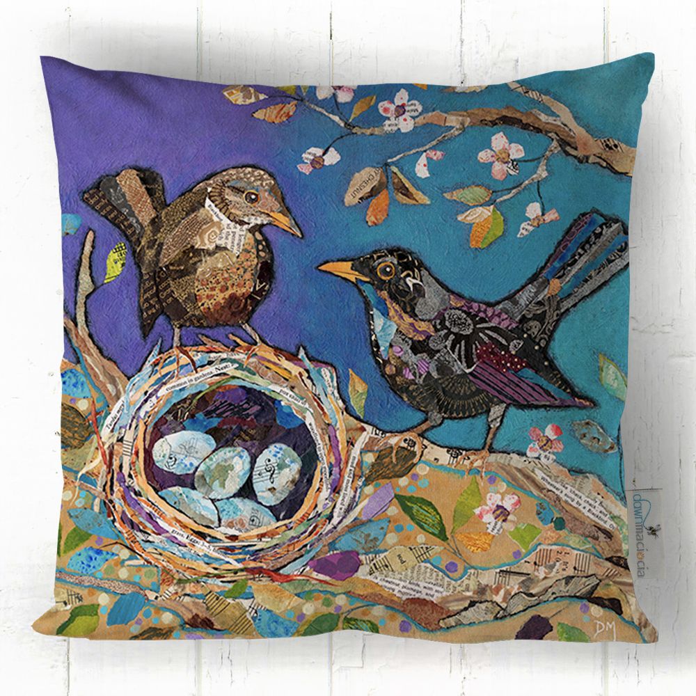 blackbirds and nest faux suede cushion