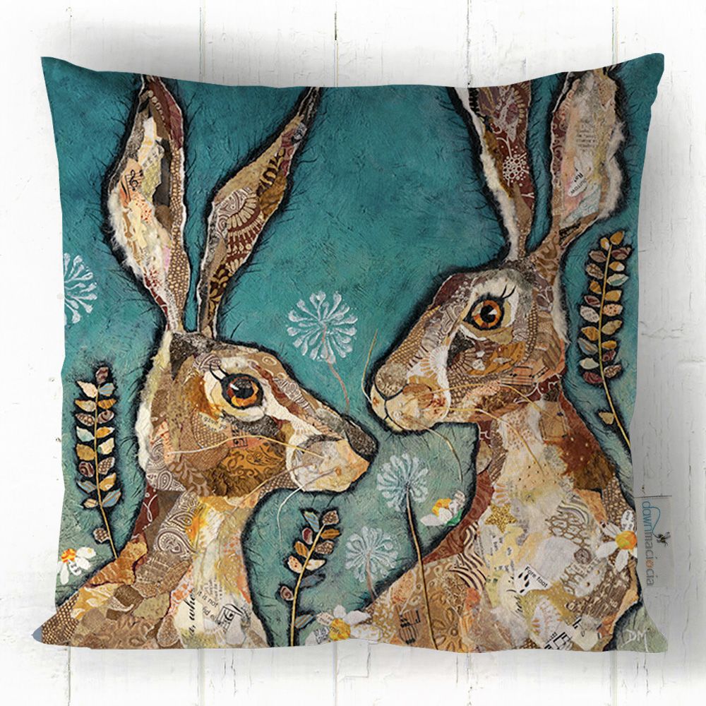 Pair of hares faux suede cushion