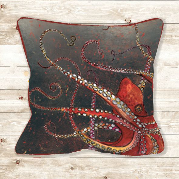 red octopus on a dark background cotton cushion with red piping