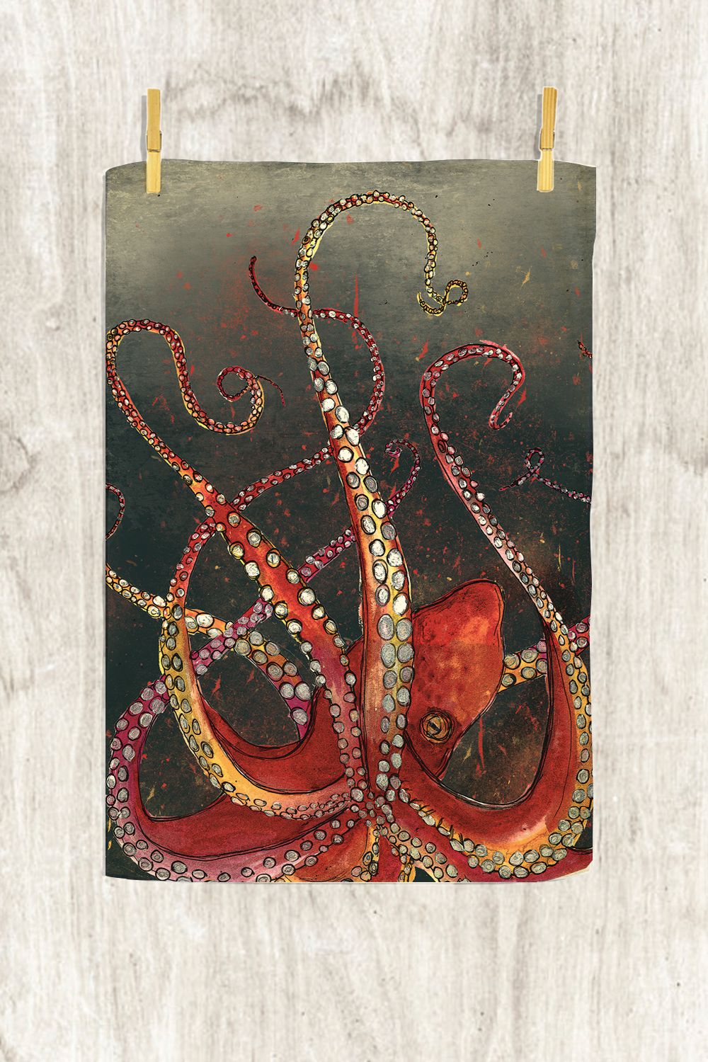 Red Octopus Tea towel