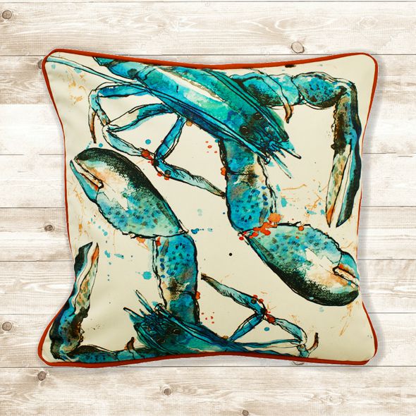 blue lobsters on cream background cotton cushion