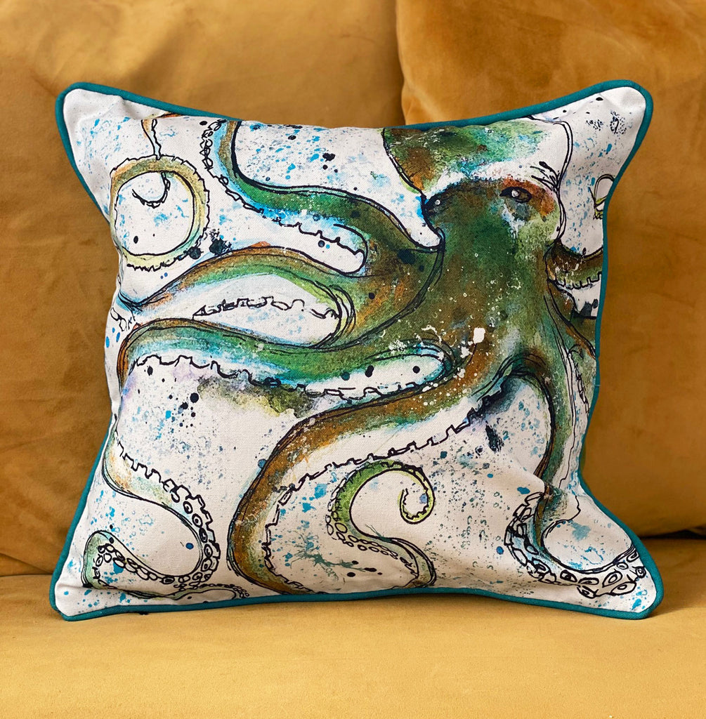 green octopus on cream background cotton cushion with blue piping