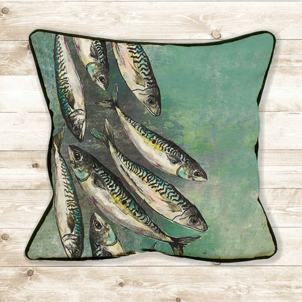 Mackerel shoal on a blue green background cotton cushion