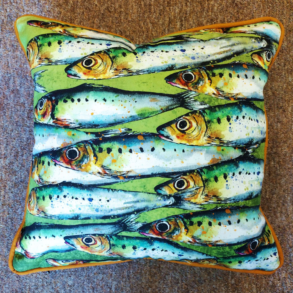 sardines on a green background cotton cushion with ochre piping