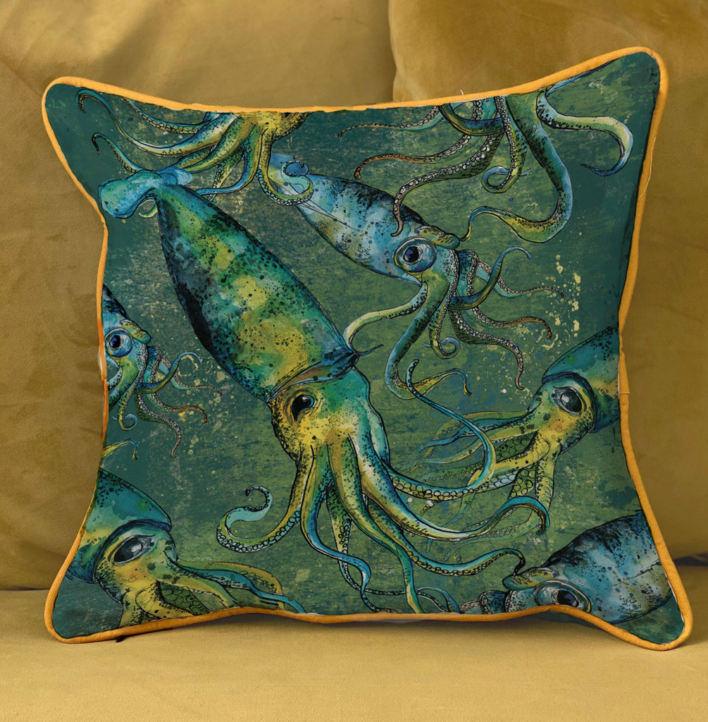 green and teal squid cotton cushion with ochre piping