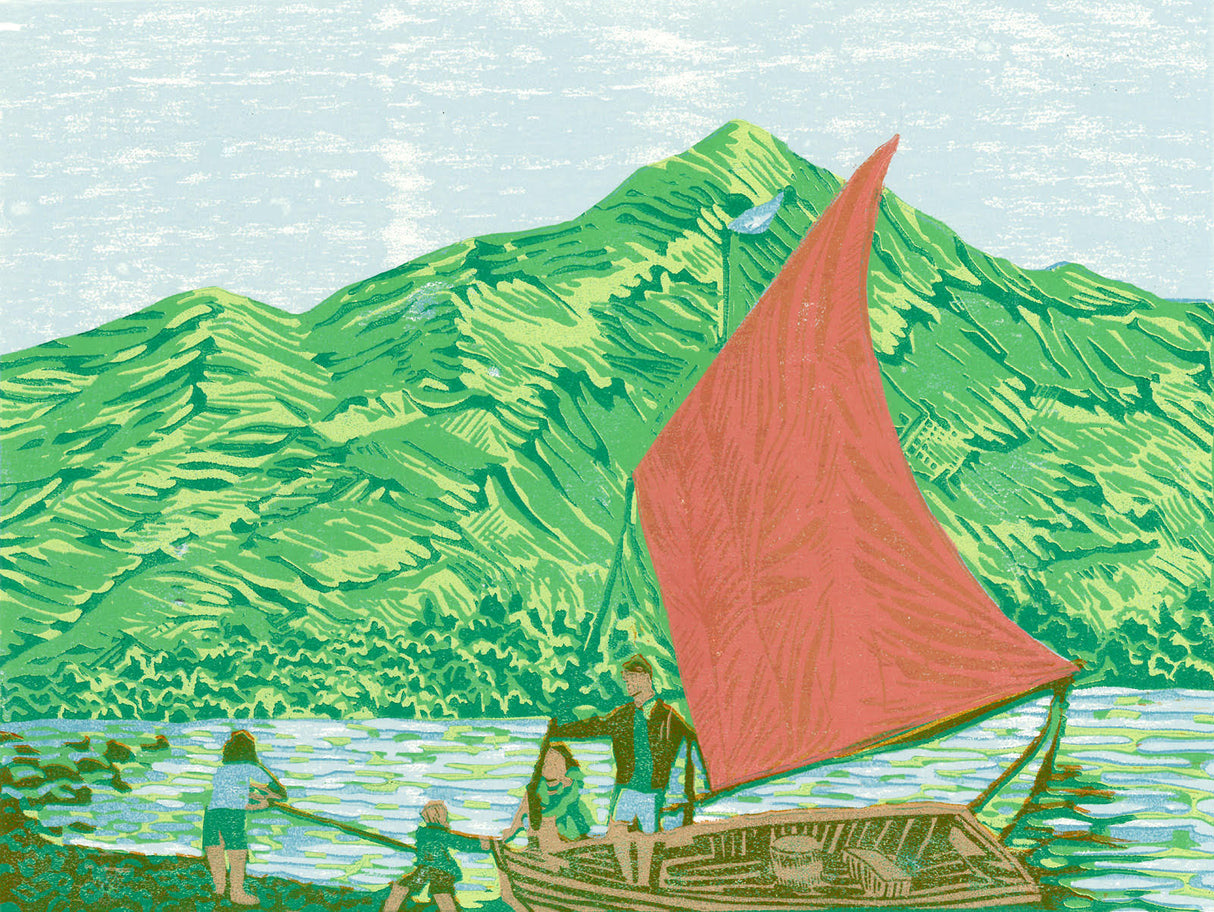 Wild Cat Island original linocut print by Hazel Bryer