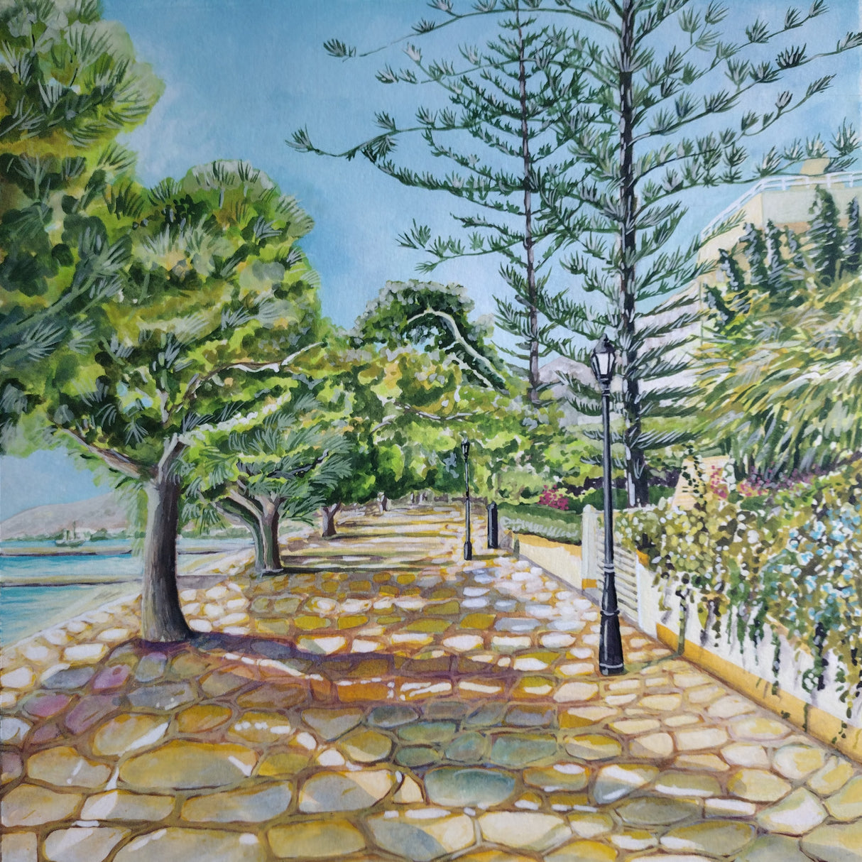 "The Pine Walk, Puerto Pollensa, Mallorca" print by Liz Hackney
