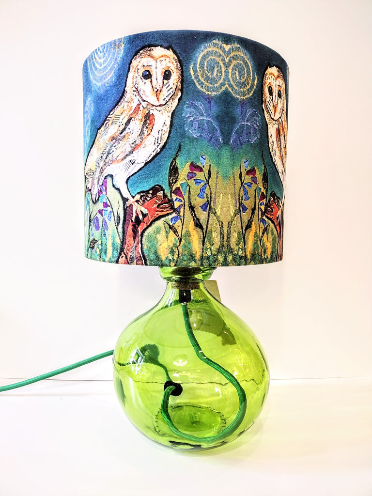 green recycled glass lamp-base shown with a barn owl lampshade