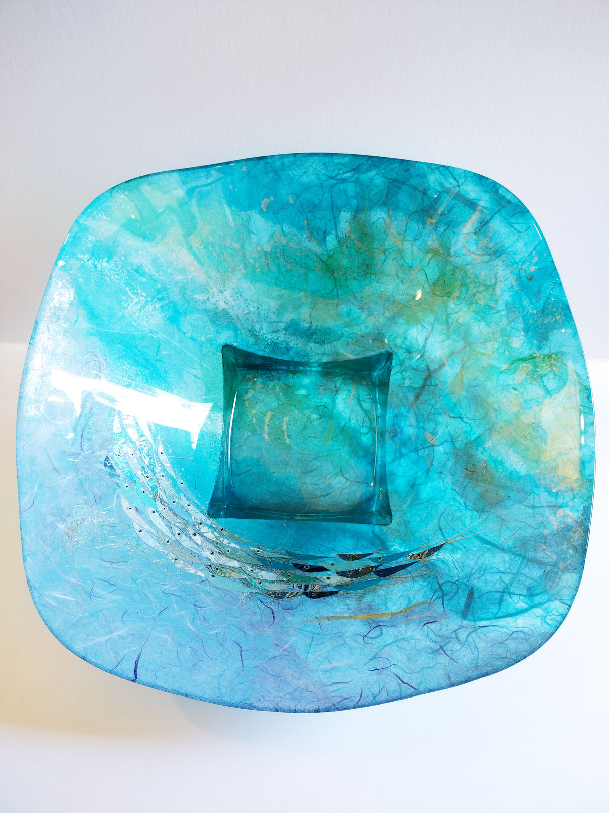 Shoal of Fish, Strawsilk Deep Square Glass Bowl by Margaret Johnson