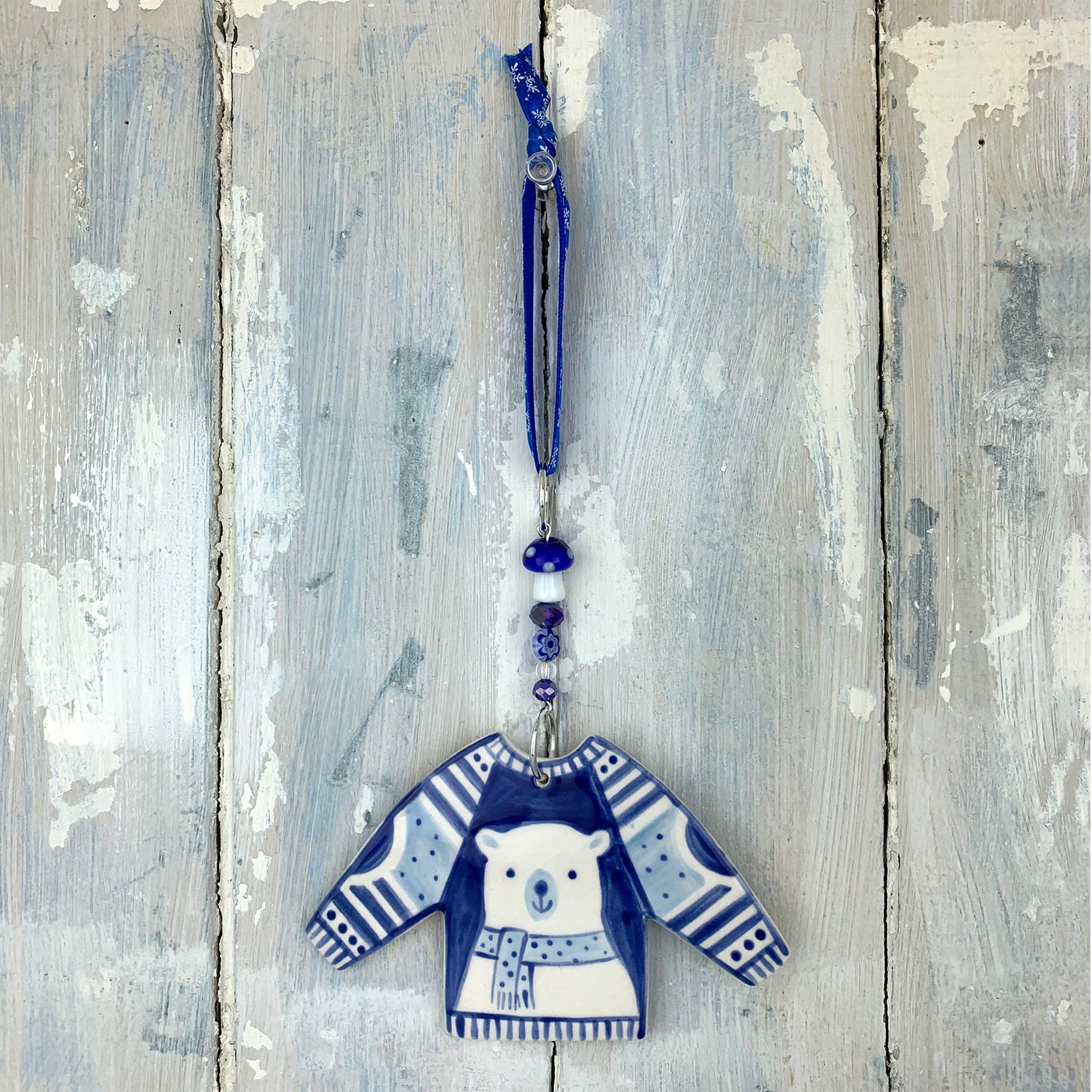 Blue Polar Bear Christmas Jumper ceramic decoration