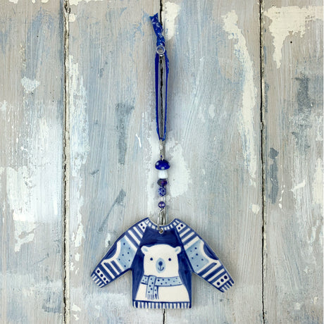Blue Polar Bear Christmas Jumper ceramic decoration
