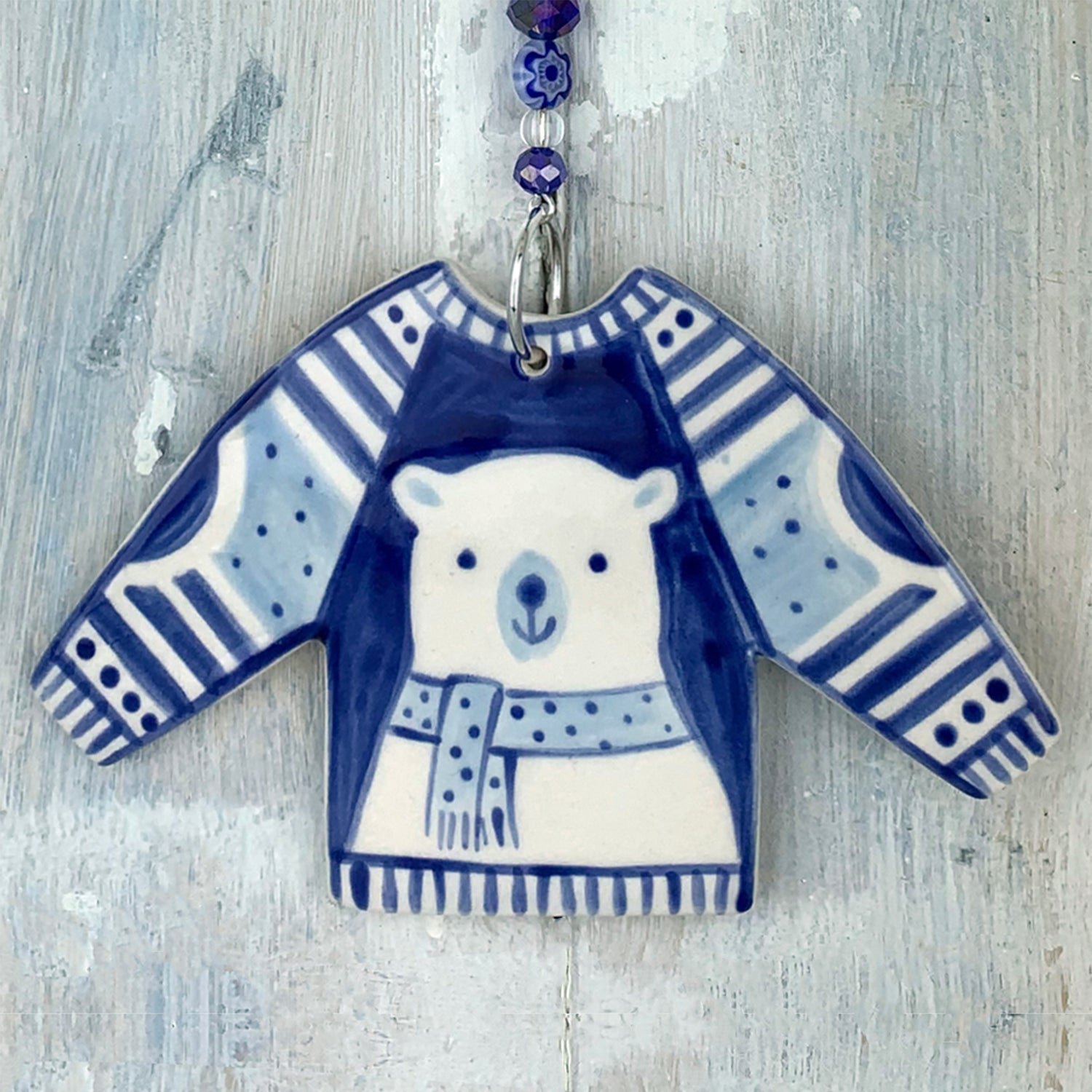 Blue Polar Bear Christmas Jumper ceramic decoration