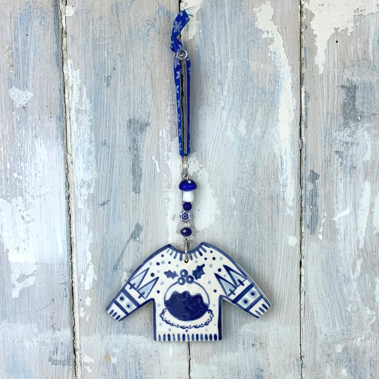 Blue Christmas Pudding Christmas Jumper ceramic decoration