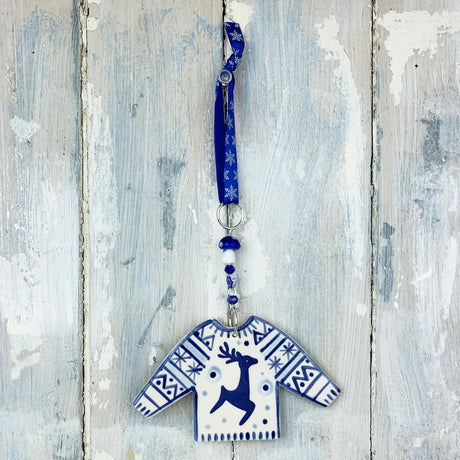 Blue Reindeer Christmas Jumper ceramic decoration