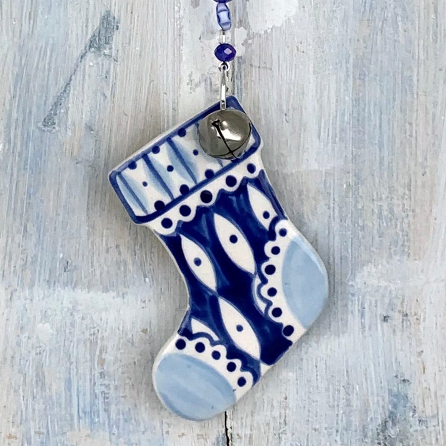 Blue Christmas stocking ceramic decoration