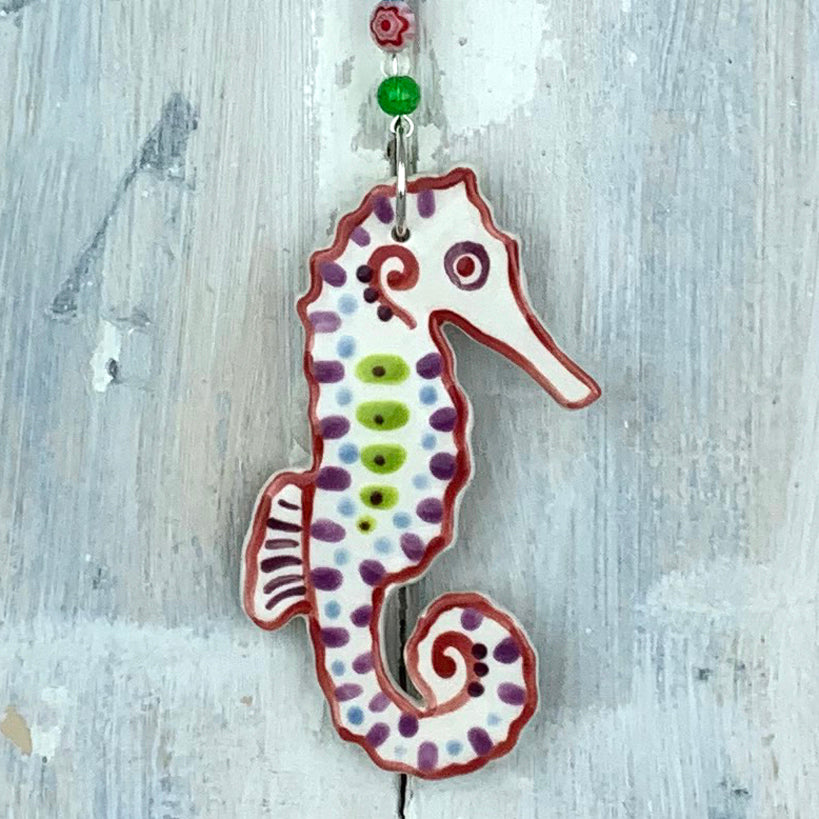 Handmade colourful seahorse hanging decoration